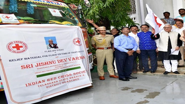 Guv of Telangana Jishnu Dev Varma, as President of Red Cross Society Telangana, flagged off relief for Tripura on Sep 1, 2024